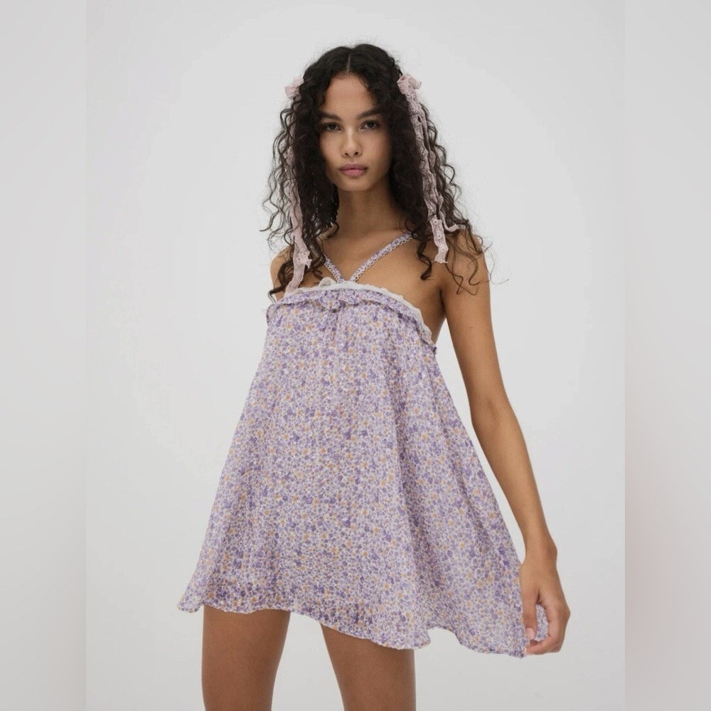 NEW For Love & Lemons Purple Micro Floral Mitra Mini Dress medium